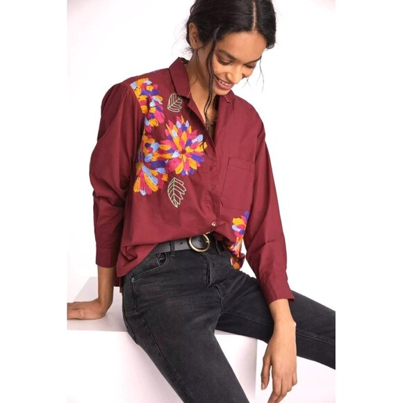 ANTHROPOLOGIE Maeve Embroidered Button-Up Cotton Shirt Wine, Size 6 - Picture 9 of 9